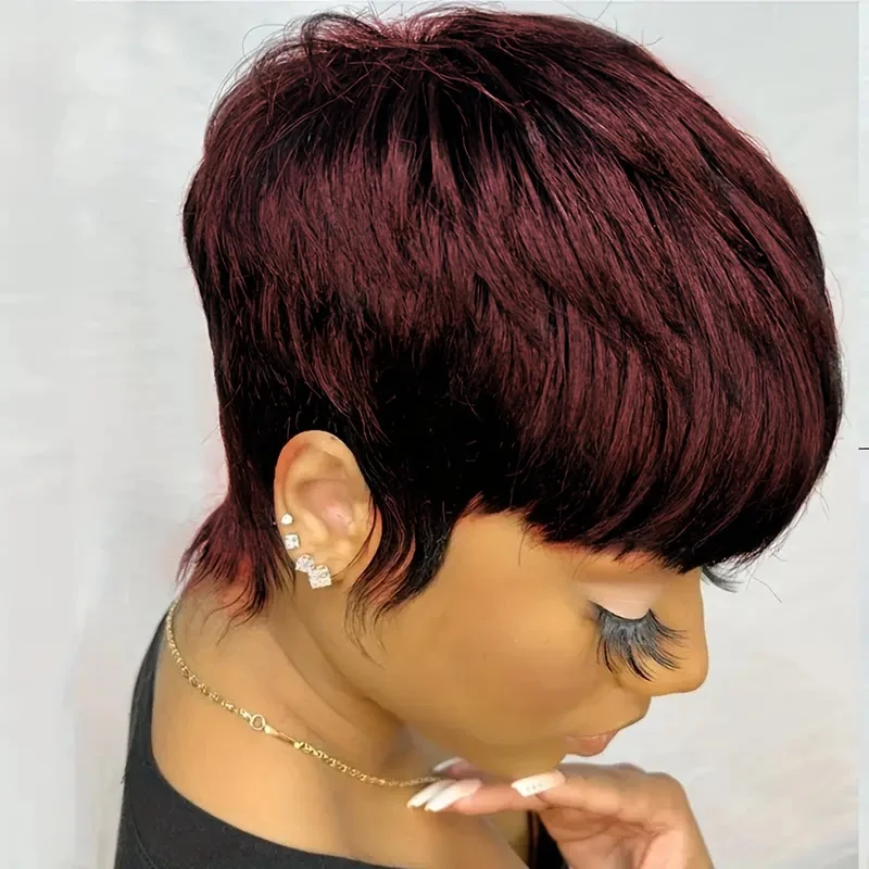 ショート人毛ウィッグ ピクシーカット ストレート 女性用 フルマシンメイドウィッグ 前髪付き
