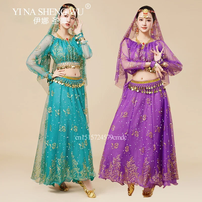Nouveau ensemble de costumes de Bollywood vêtements de spectacle de danse du ventre en mousseline de soie à paillettes haut à manches longues femmes adultes ensemble de costumes de danse indienne