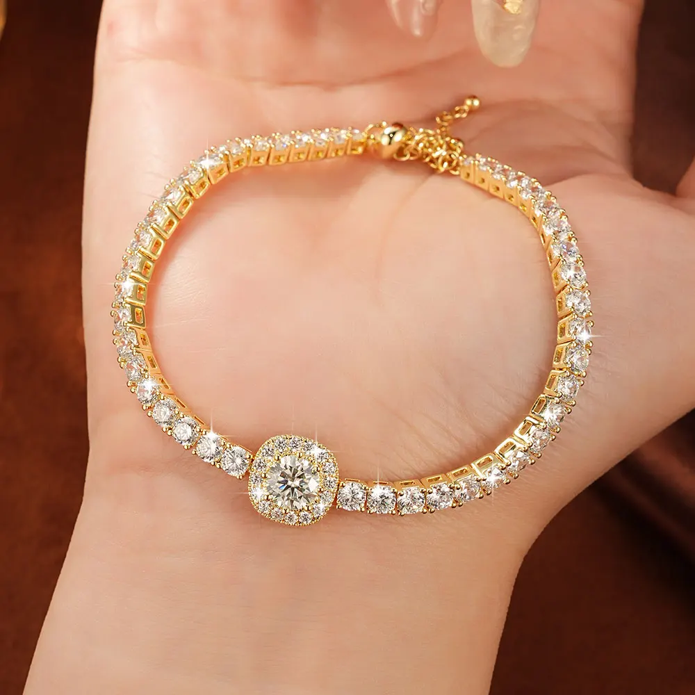 Abestecom 1.0ct Moissanite Bracelets D Color VVS1 GRA 14K Gold Plated Single Row Square Adjustable Bracelet Women Fine Jewelry