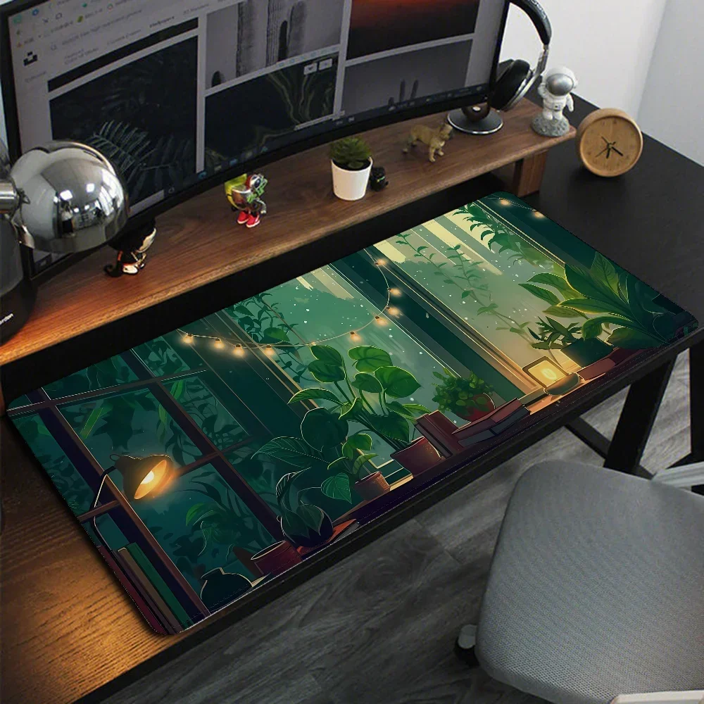 Green Leaf Lofi Pad Mouse Gaming Computer Keyboard Mat Pc  Accessories Mat Mausepad Deskmat Mousepad Rug Cabinet Office Carpet