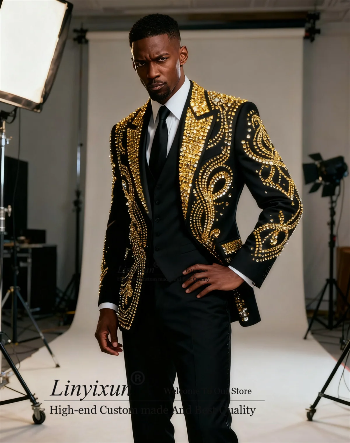 

High End Stone Rhinestone Men Suits Customized Slim Handsome Tuxedos Costume Homme 3 Pieces Sets Groom Wedding Party Ropa Blazer