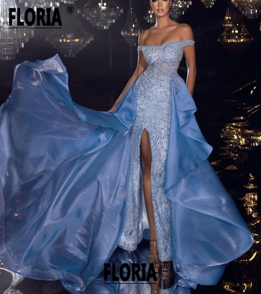 Newest Blue Beaded Sequins Mermaid Formal Evening Dresses with Organza Overskirt Runway Slit Off Shoulder Celebrity Party Dress