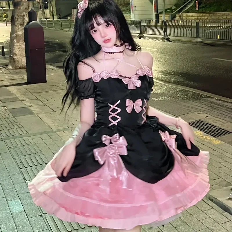 Gaun Lolita Gotik Jepang gaun putri tanpa bahu renda pita beruang lucu merah muda hitam kostum Halloween manis anak perempuan