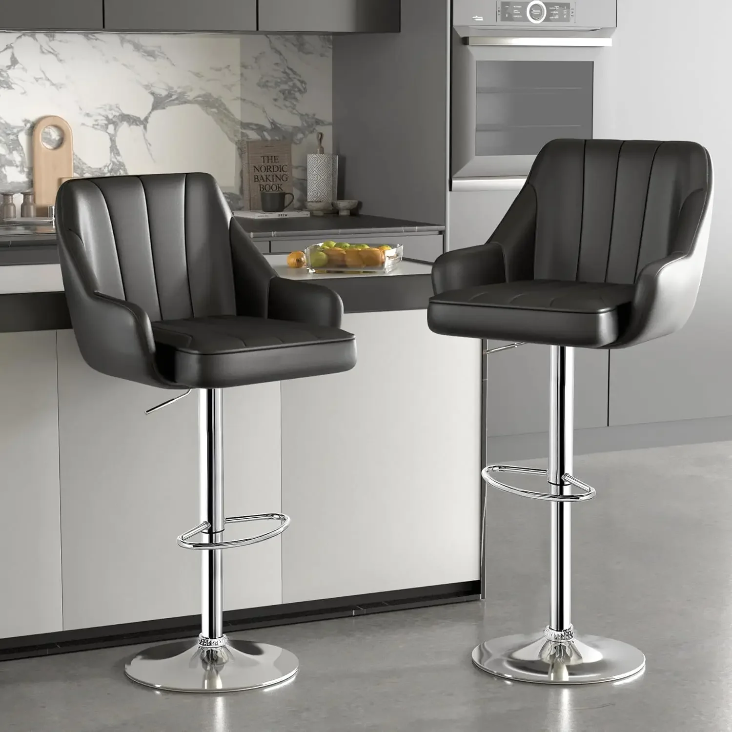 Bar Stools Set of 2, Adjustable Barstools, Counter Height Stools with Back and Arm, Kitchen Island Stools, Swivel PU Chairs