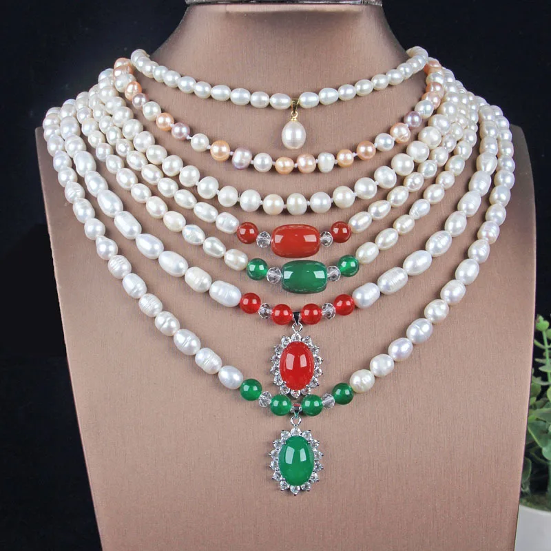 

Natural Pearl Necklace Threaded Freshwater Pearl Necklace with Jade Pendant Mom Chain Stall Model Jade Supply