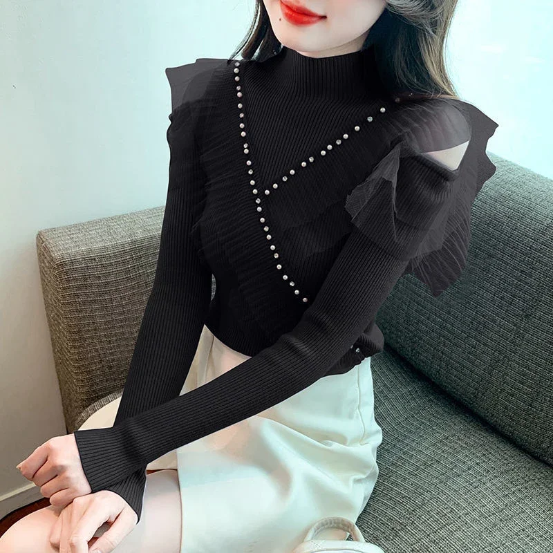 Autumn Winter New Off Shoulder Slim Pullovers Top Long Sleeve Net Yarn Patchwork Elegant Sweaters Korean Fashion Women Clothing