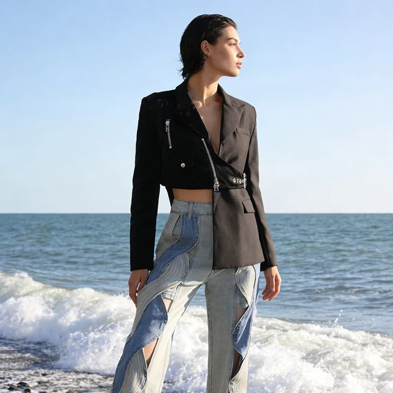 

Весна 2026: Новая модная американская элегантная трендовая куртка-пиджак для женщин с зауженной талией, эффектом похудения и асимметричной молнией