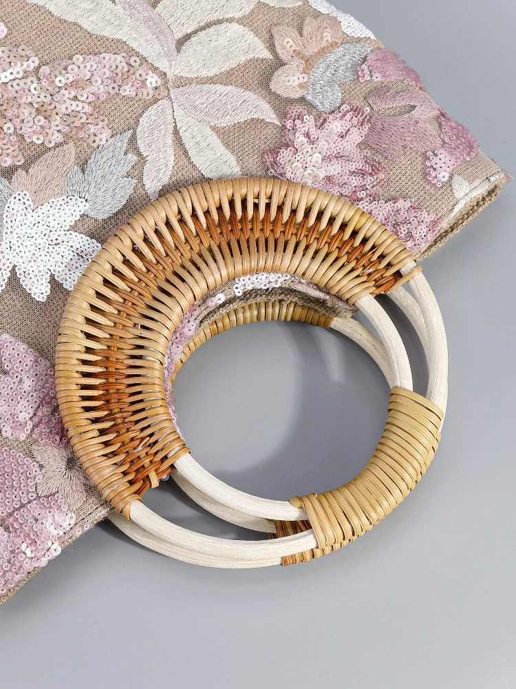 2025 Summer Glitter Embroidery Woven Tote Bags New Round Bamboo Handle Women's Handbags Floral Pattern Fashion Casual Beach Bags