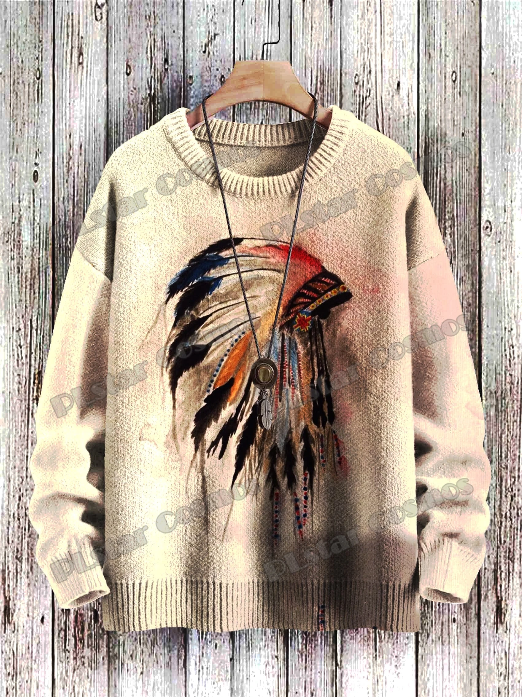 Halloween Vintage Ghost & Chief Hat Graphic 3D Printed Men's Knitted Pullover Winter Unisex Casual Knit Pullover Sweater ZZM64