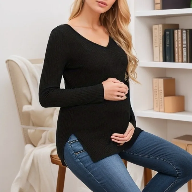 

Модная мягкая удобная футболка для беременных с круглым вырезом и длинными рукавами, однотонный подол и футболка с высоким разрезом снизу