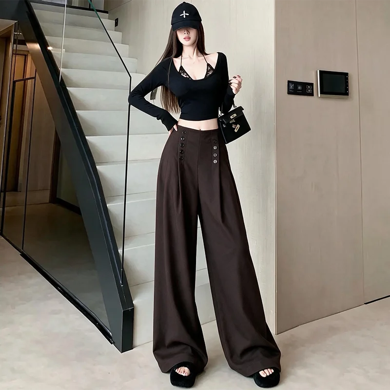 Autumn Winter High Waist Wide Leg Suit Pants Women's Loose Drapey Slimming Trousers Double Button Design Casual Simple Long P...