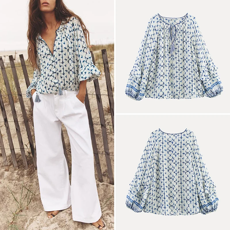 

Faionable Metal Color Print Women's irt Loose Fit Long Sve V-Ne Bubble Sve Casual Sle Summer New Arrival
