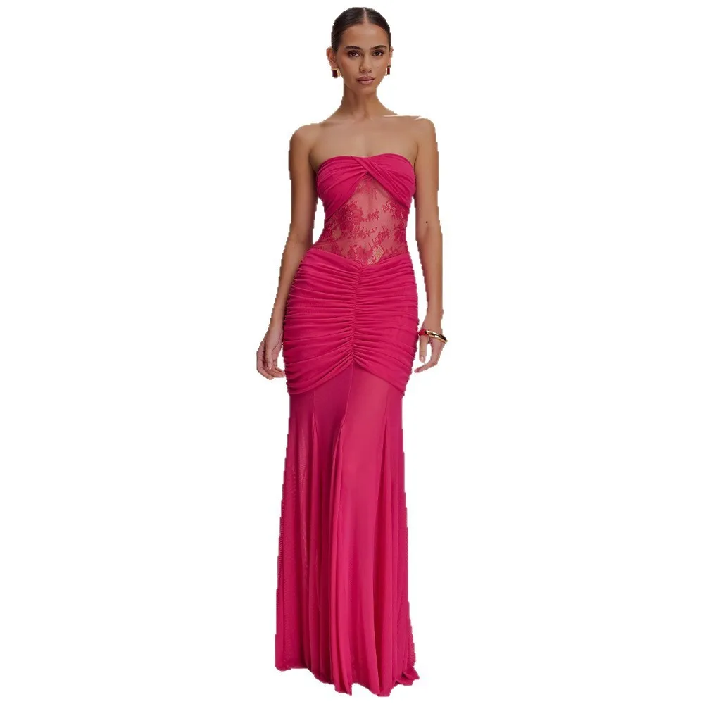 Elegant Party Dress Sleeveless Long Wedding Guest Dresses Off Shoulder Sheer Maxi Dress Ruched Waist Split Skirt Floor Length