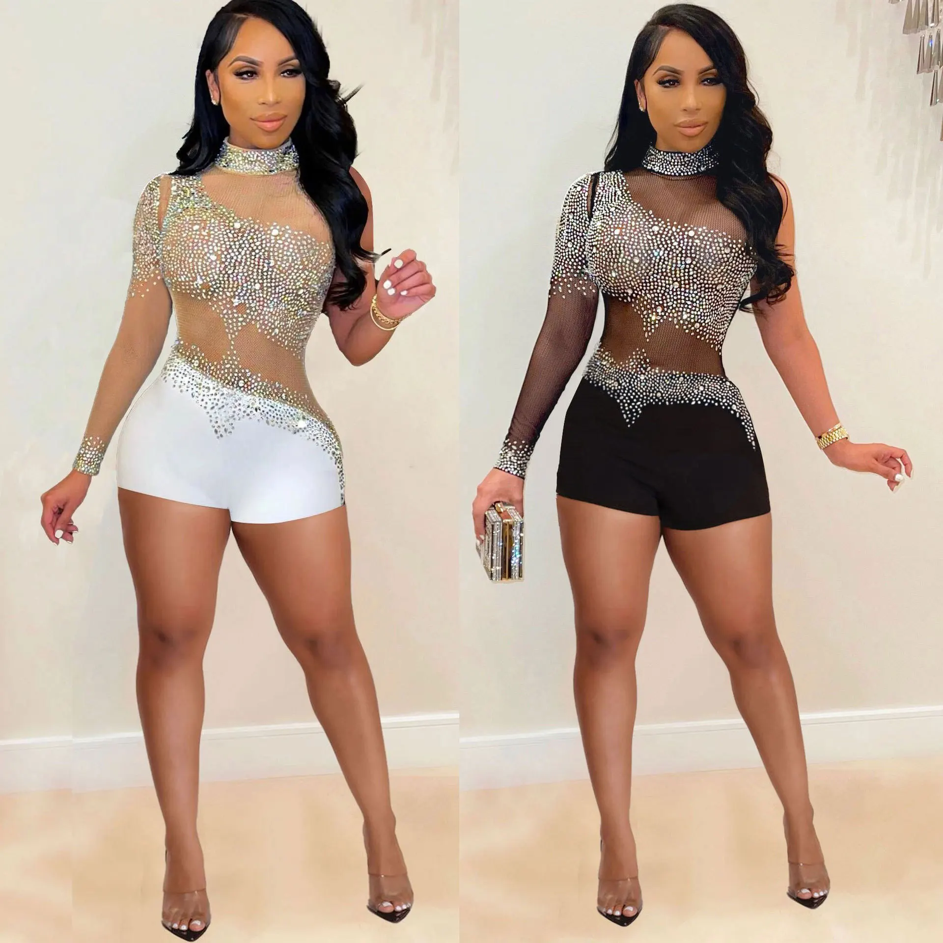 Sexy Party Nightclub Club Sexy Slim Mesh Hot Rhinestone One-piece Shorts