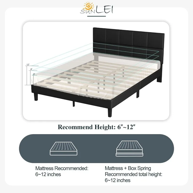 Platform bed frame Queen size, tufted Queen bed frame, leather upholstered headboard, easy to assemble, black