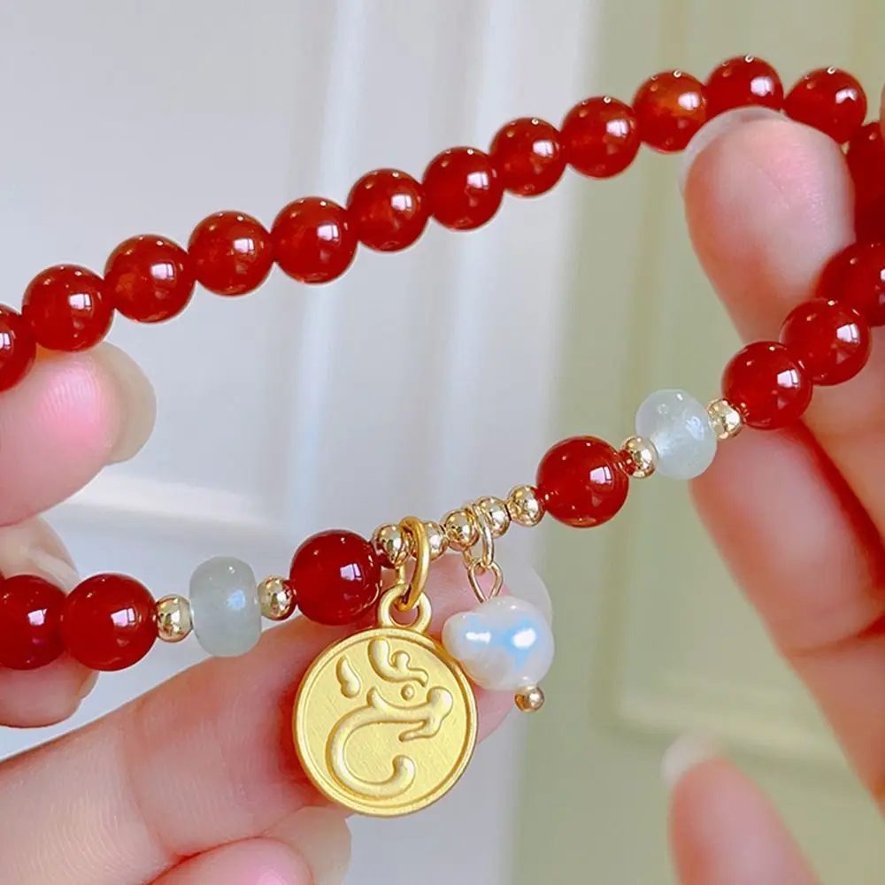 Personality Chinese Style Dragon Year Bracelet Pearls Pendant New Year Lucky Red Rope Zodiac Golden Fortune Bracelet Girls