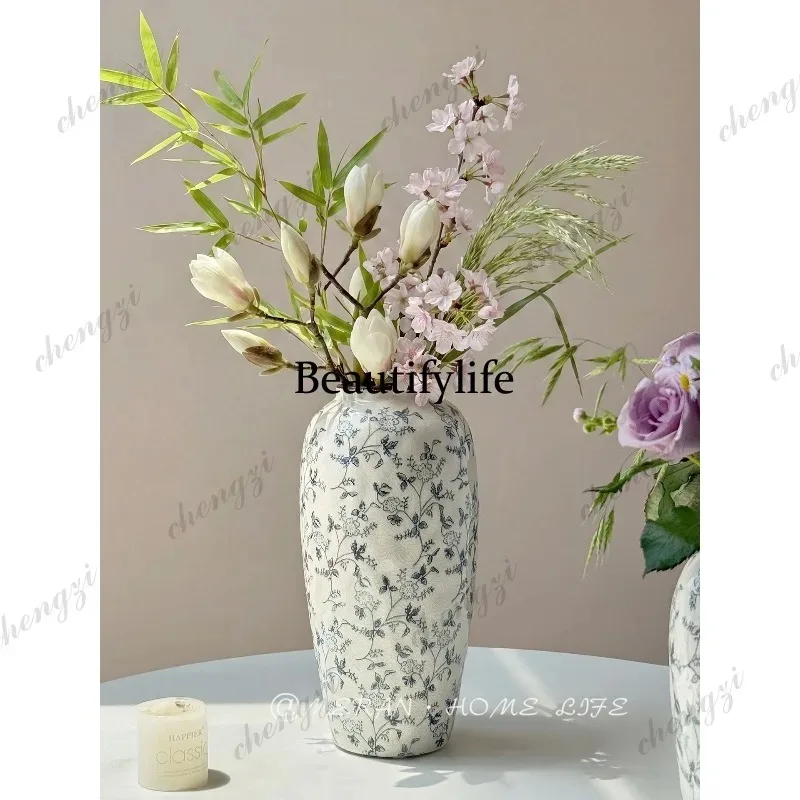 Q181 Neoclassical Chinese literary style vintage ceramic vase for living room, fresh flower decoration, ornament, flower vessel