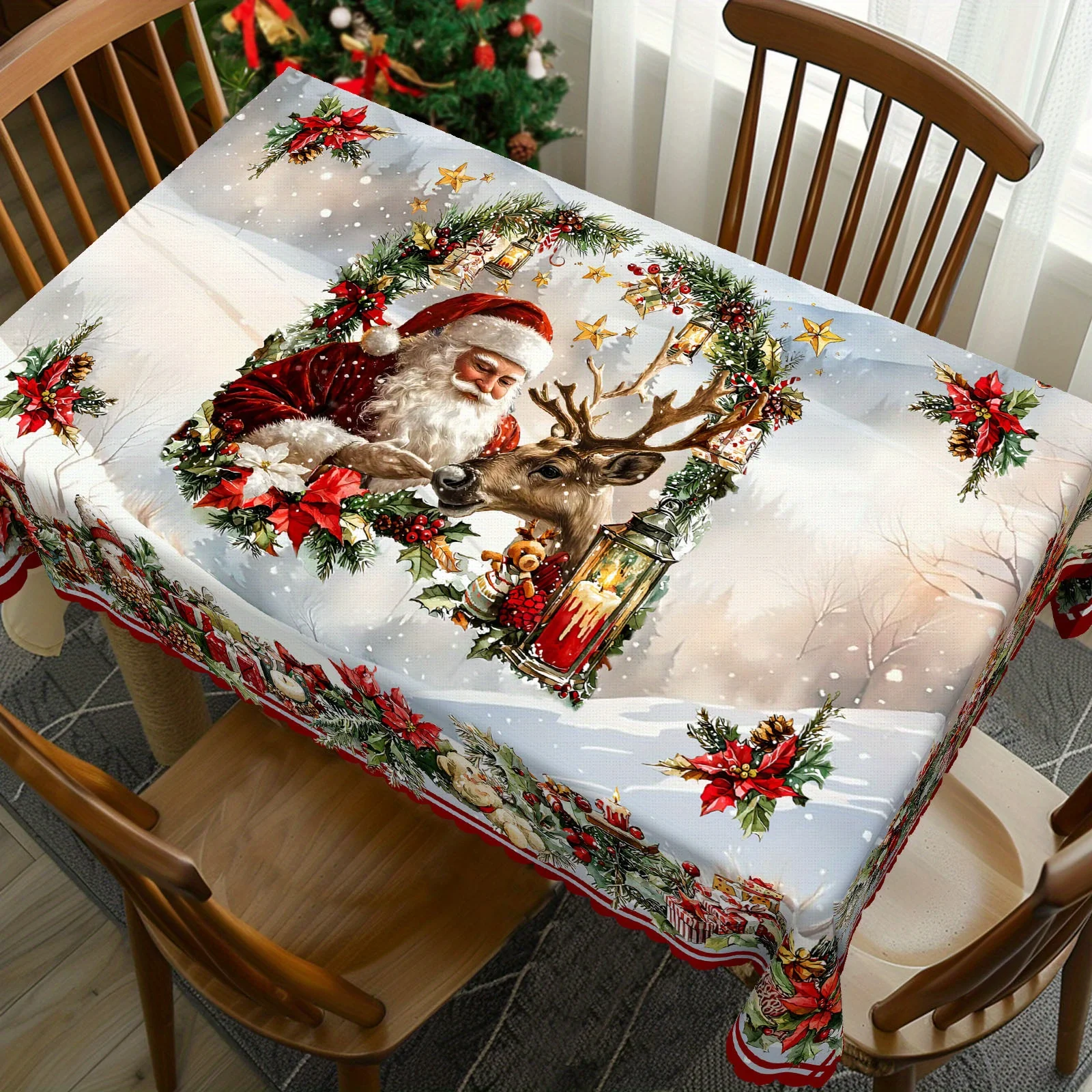 One circular Christmas tablecloth featuring a vintage Santa Claus, reindeer, Christmas flowers and a snowman.zyc