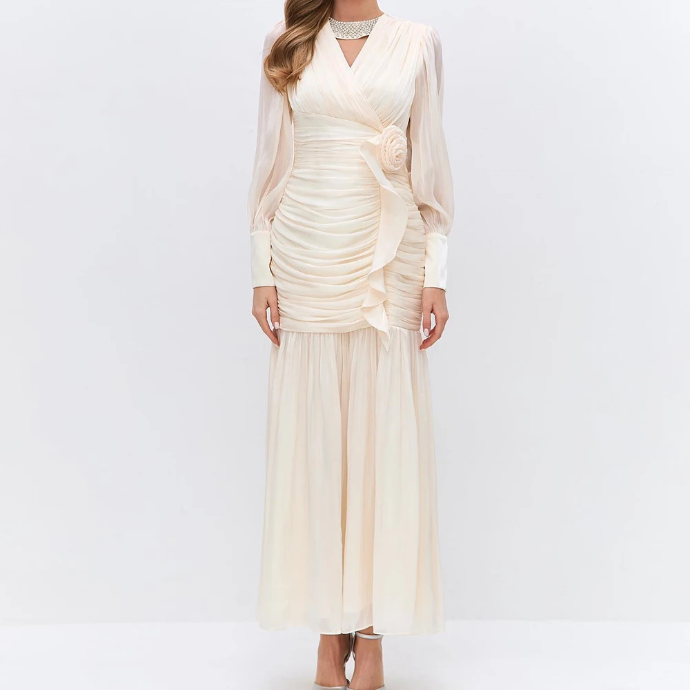 

Customized A-line Evening Dresses Ankle-length O-neck Full Sleeve Prom Gown Fashion Crystal Pleat Flowers Draped Party Gown