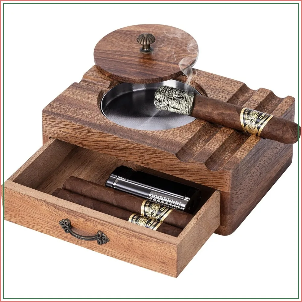 

Cigar Ashtray Wooden Box - Windproof Lid, Stainless Steel Removable Bowl, Cigar Holder & Drawer Organizer - Vintage Outdoor Ashtray Gift for Men, Patio, Porch, Home Bar
