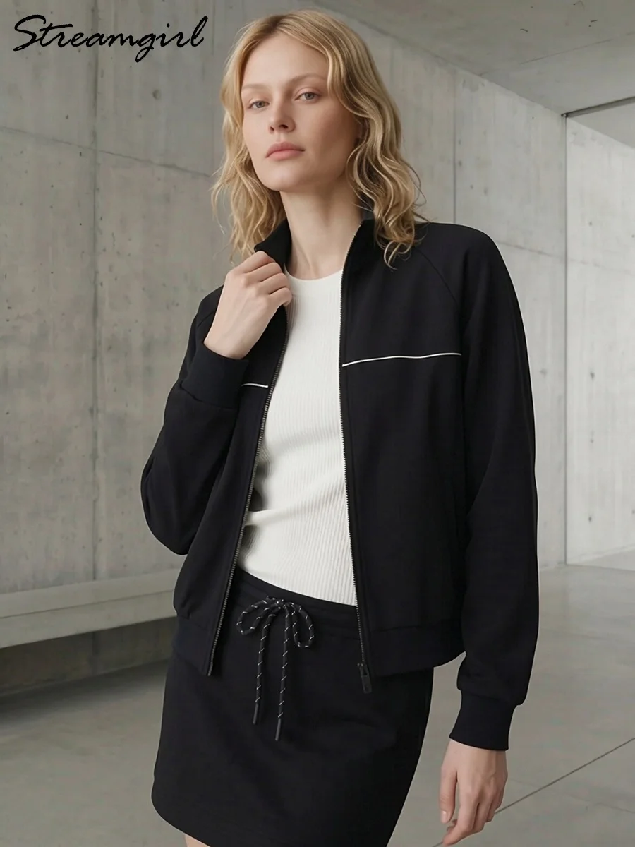 Stand Collar Zipper Sweatshirt Women Autumn Oversize Outwear Burgundy Jackets For Women Navy Sweatshirts Cardigan With Zipper