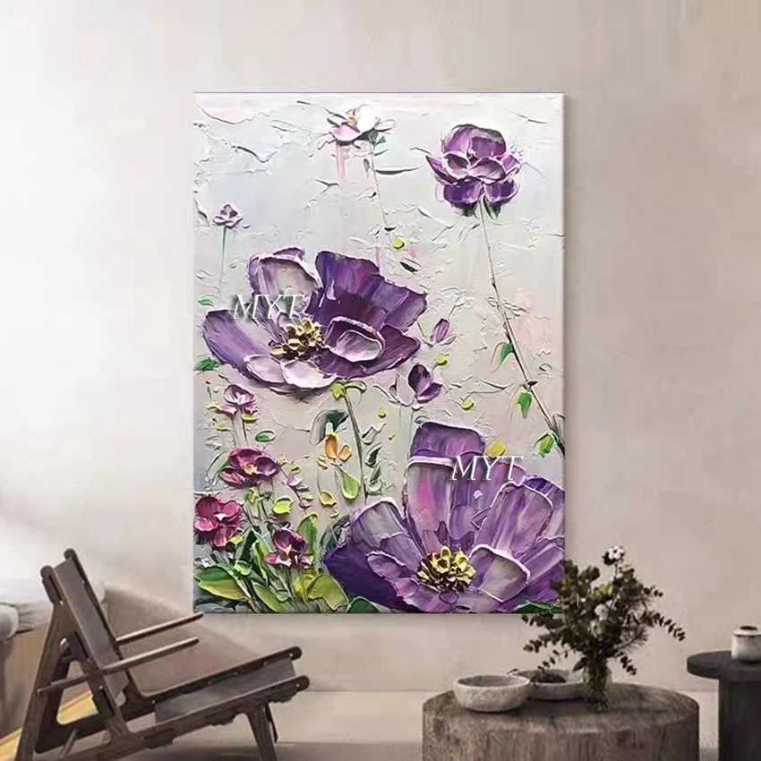 Acrylic Knife Painting Artwork Decoration Abstract Canvas Roll Unframed Purple Flower Wall Poster 3D Plant Art Style Picture