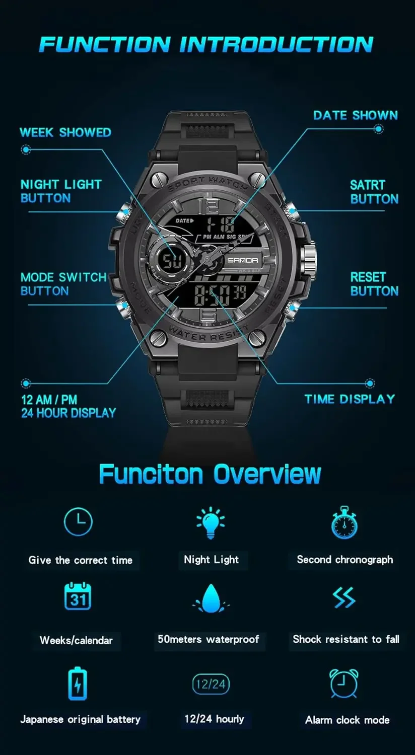 Orologi da uomo sport Outdoor impermeabile orologio militare data tattiche multifunzione LED allarme cronometro orologio elettronico luminoso