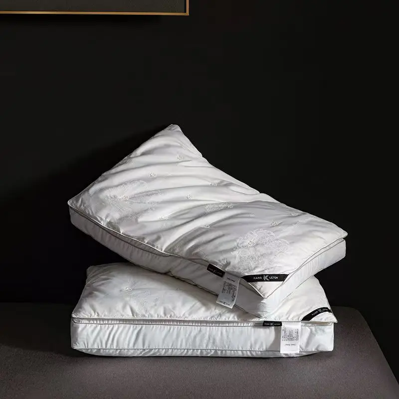 Natural Silk Filled Pillow Pure Cotton Satin Jacquard White Anti Mite Stereoscopic Edge Hotel Grey Bedding Pillows For Sleeping