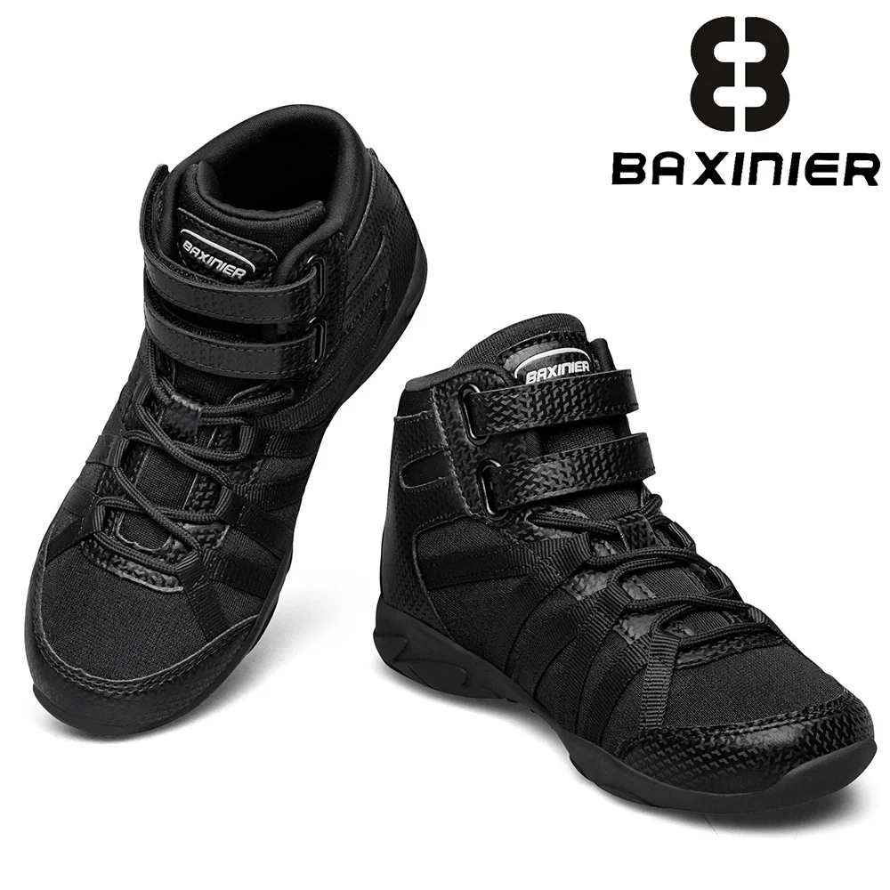 BAXINIER Black High Top Cheer Shoes for Youth Girls Boys Cheerleading Sneakers Ankle Support Breathable Mesh Hook Loop Closure Soft Insole Anti-Slip Rubber Outsole Athletic Training Dance
