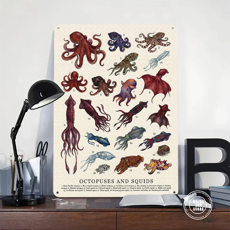 Octopuses and Squids Illustration 3D Texture Metal Poster Customized Wall Art Tin Sign Gift for Mancave Living Room Decoration