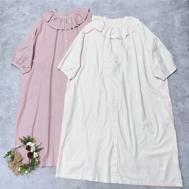 Johnature Japońska Sukienka Koszulowa z Bawełny i Lnu z Falbankami przy Kołnierzu, Letnia Nowa Sukienka z Krótkim Rękawem, Luźna, Codzienna, w Jednolitym Kolorze, Prosta Sukienka Koszulowa Damska