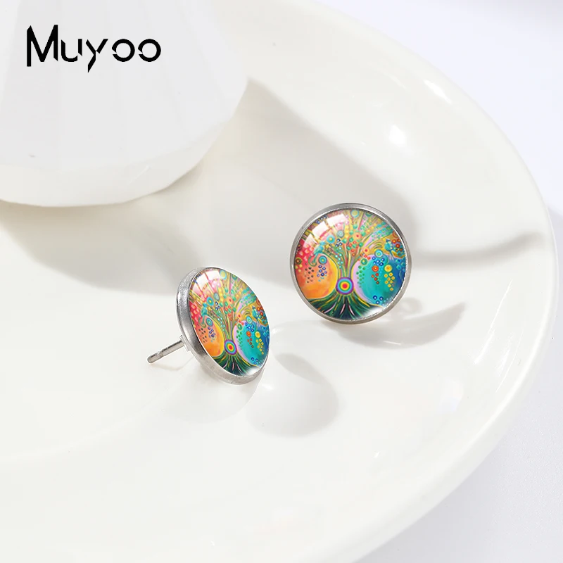 2023 New Arrival Fashion Colorful Tree and Moon Landscape Paintings Glass Round Dome Stud Earrings Jewelry Handmade Earrings