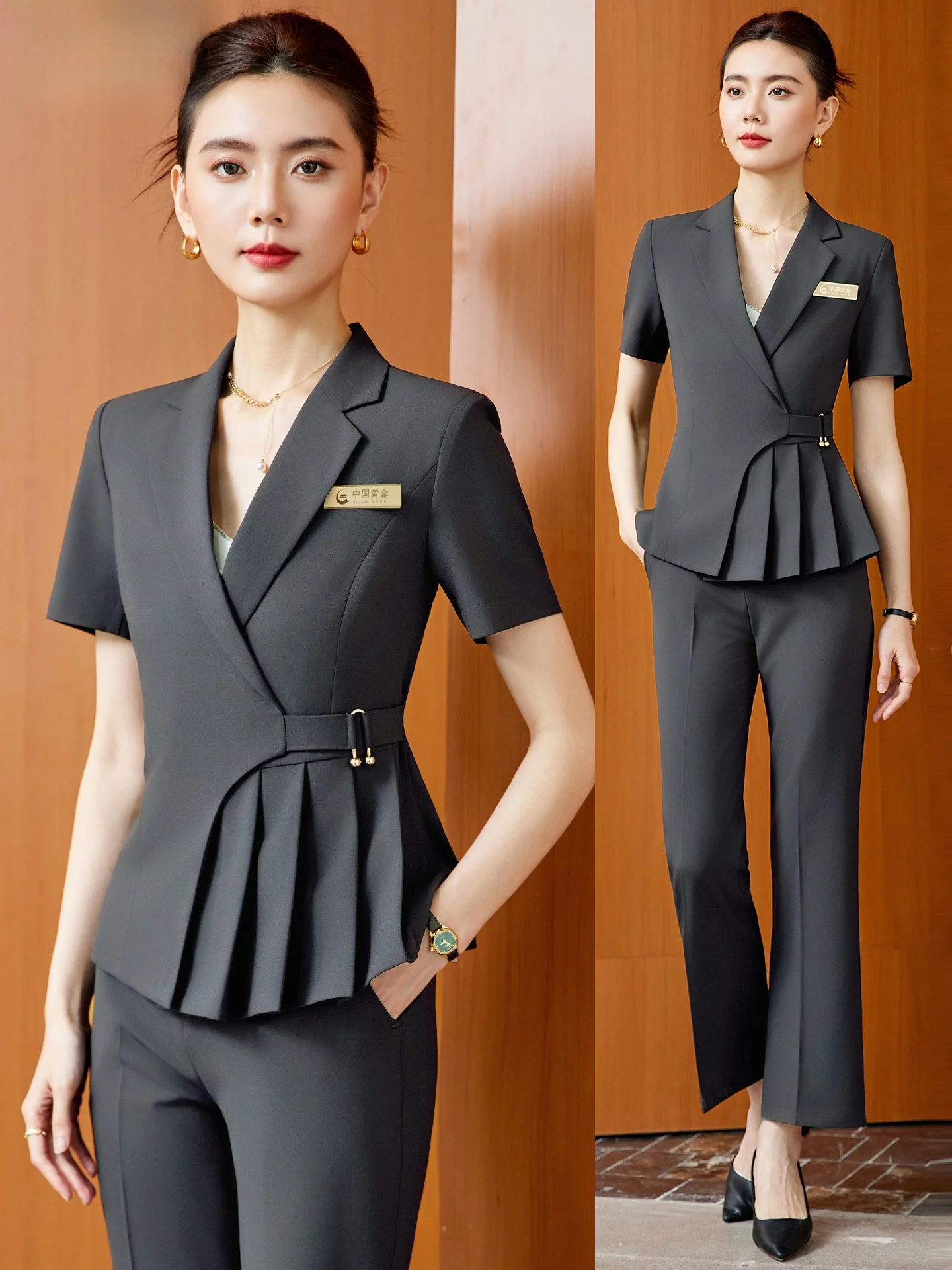 

Gray Short Sleeve Suit Set for Women Summer High-End Professional Work Uniform Hotel Manager Jewelry Store Beauty Salon