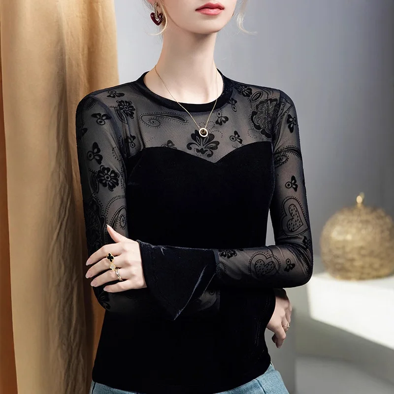 # 4290 Schwarzes Samt-Langarmshirt für Damen, Zweiteiliges Langarmshirt, Sexy Vintage Skinny Kurzshirt im Französischen Stil