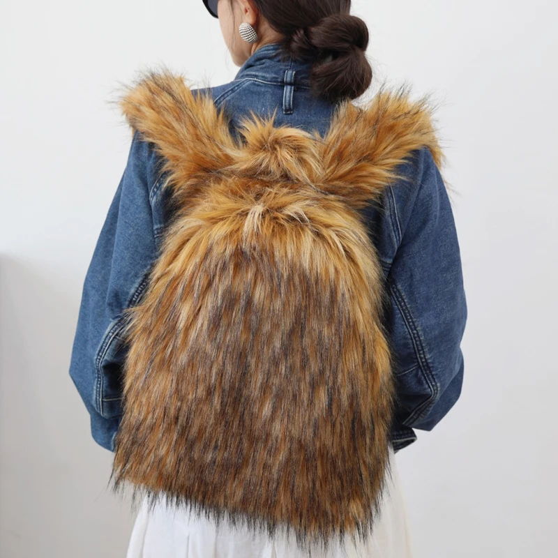 

Корейские модные рюкзаки из искусственного меха для женщин, роскошные дизайнерские сумки и кошельки, новинка 2025 года, плюшевые плечи из искусственного меха енота
