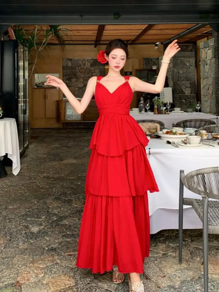 

Summer Vintage Red Elegant Sleeveless Backless Ruffle Edge Slip Long Dress Women Sexy High Waist Vacation Birthday Cake Dresses
