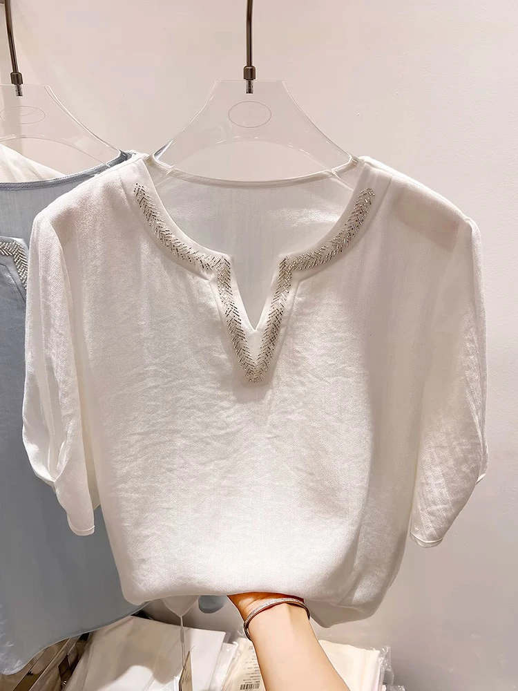 

Элегантная шифоновая блузка с круглым вырезом и разрезом, украшенная стразами, женская новая летняя модель, скрывающая живот, с коротким рукавом, в корейском стиле, свободного кроя