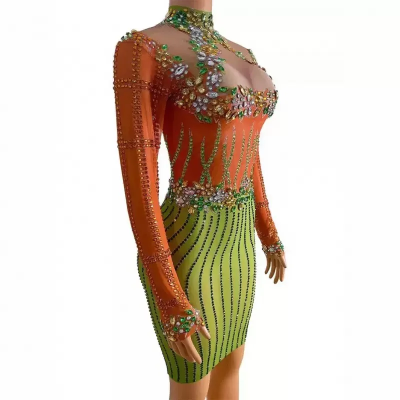 Sparkly Diamond Short Dress Sexy Mesh See Through Celebrate Evening Party Singer Performance Costume Luxury Birthday Dress