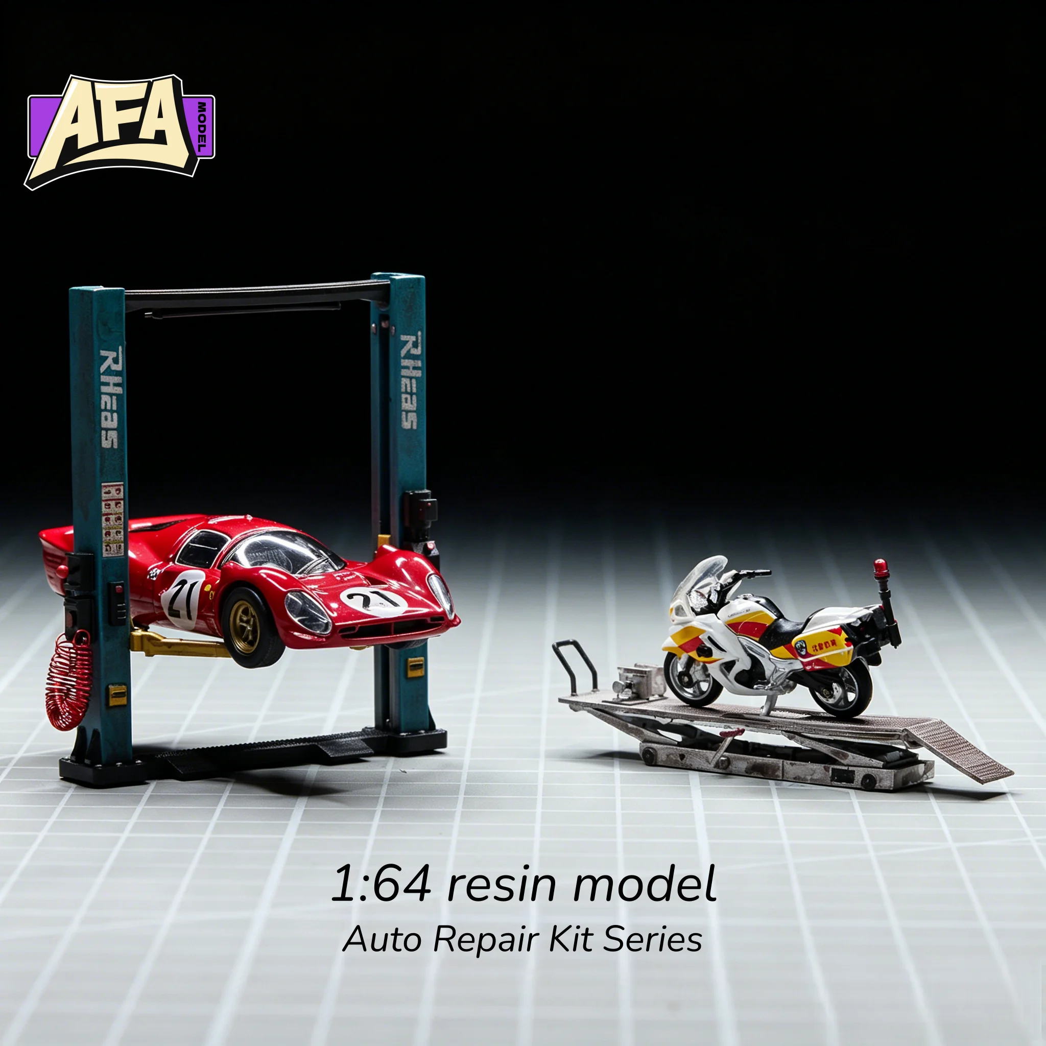 

1/64 Scale Two Post Car Lift Motorcycle Lift Set Resin Garage Workshop Miniature Scene Props Display for Diecast Car AFA