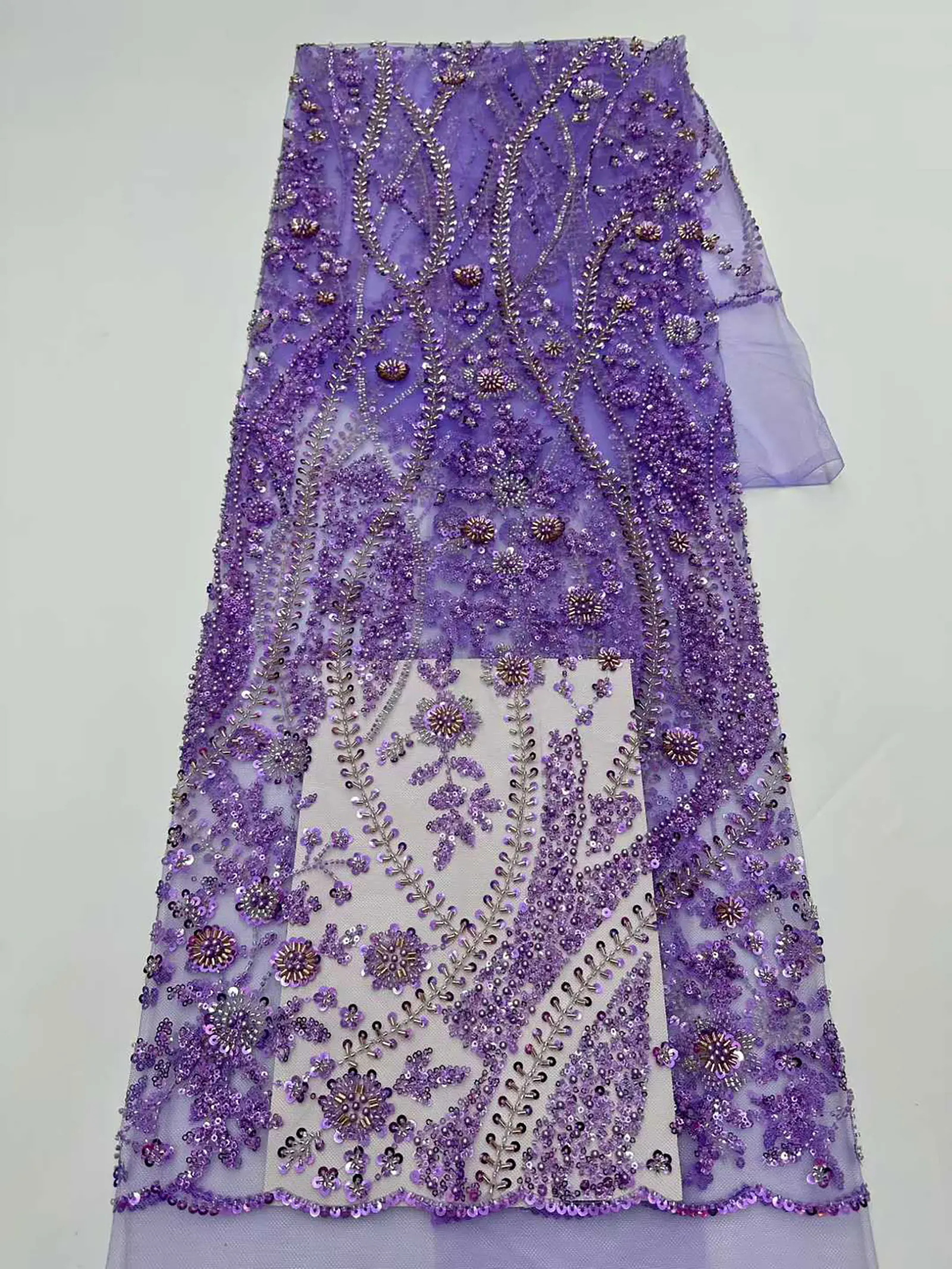 2026 Neues Design Afrikanischer Perlen-Spitzenstoff Hochwertige Französische Pailletten-Spitze Lila Nigerianischer Party-Hochzeitskleid-Stoff zum Nähen – Detail 28