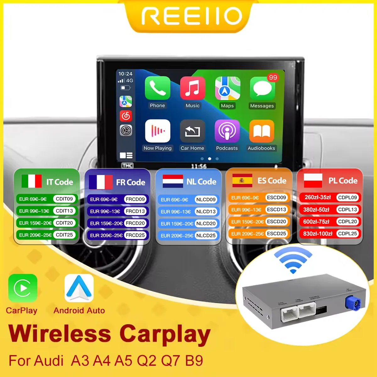 New Wireless CarPlay Android Auto Retrofit Kit Compatible with 2013-2018 Audi A3 S3 Q2 Support Navigation Maps Music Camera BT