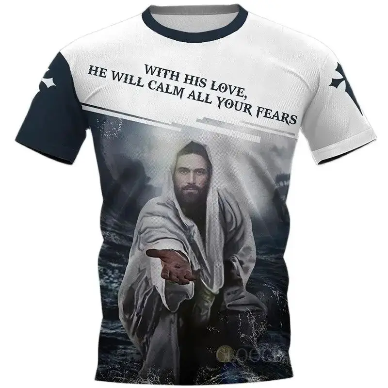 Summer Men\'s 3d Printed Christian Jesus Catholic T-Shirt O Collar Short Sleeve Loose Casual Harajuku Vintage Plus Size Top