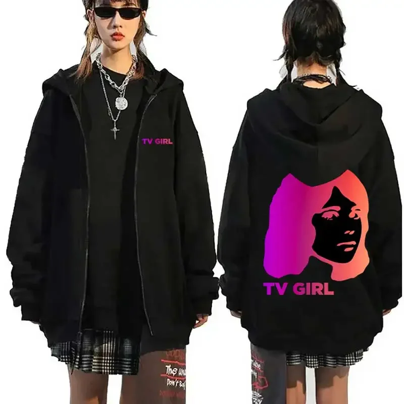 TV Girl Pattern Print Zipper Hoodie Fall Winter Casual Fashion High Street Y2K Jacket Coat Long Sleeve Fleece Zip-up Sweatshirts