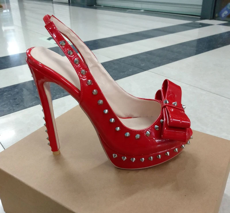 Summer Platform Sexy Rivets Studs Bowtie Peep Toe High Heels Pumps Back Strap Women Spikes Thin Heels Party Shoes Zapatos