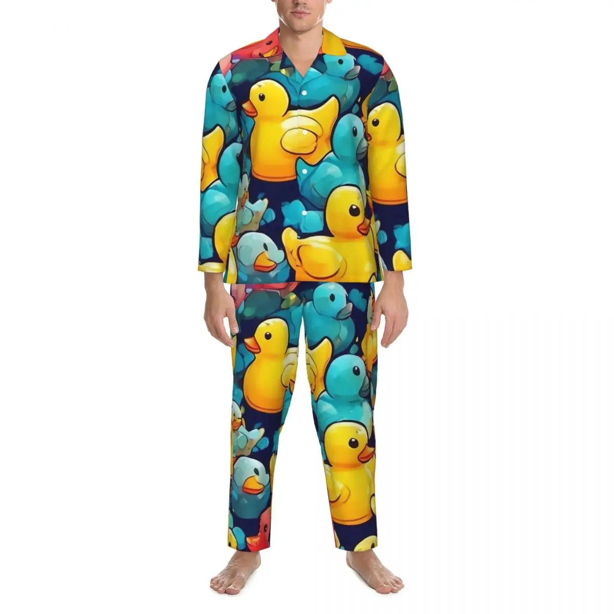 Rubber Ducks Pajama Set Bath Duck Cartoon Cute Soft Sleepwear Unisex Long-Sleeve Casual Loose Daily 2 Pieces Home Suit Plus Size