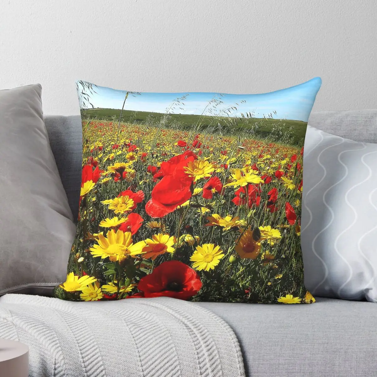 Wild Flower Meadow Square Pillowcase Polyester Linen Velvet Printed Zip Decor Throw Pillow Case Bed Cushion Cover