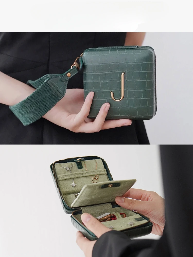 Jewelry Box Green Leather Material Fashion Portable Travel Small Advanced Home Outing Ring Earrings Jewelry Watch Storage Gift