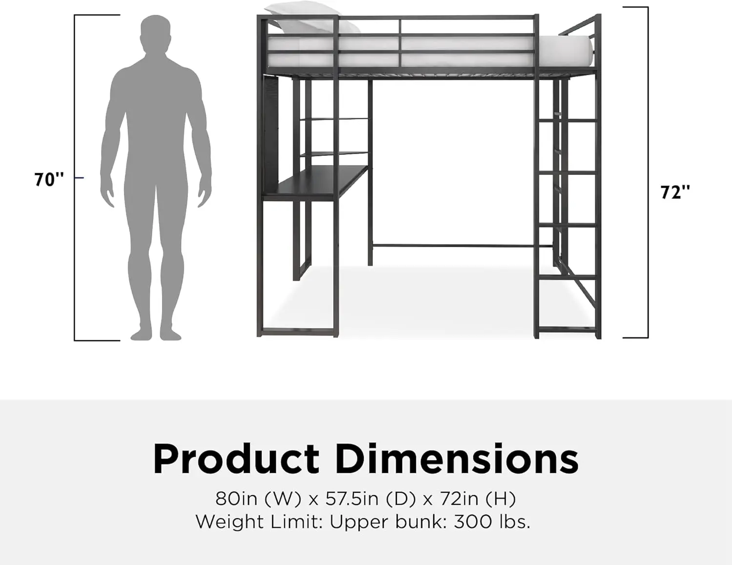 Full Size Metal Loft Bed, Aur, Preto