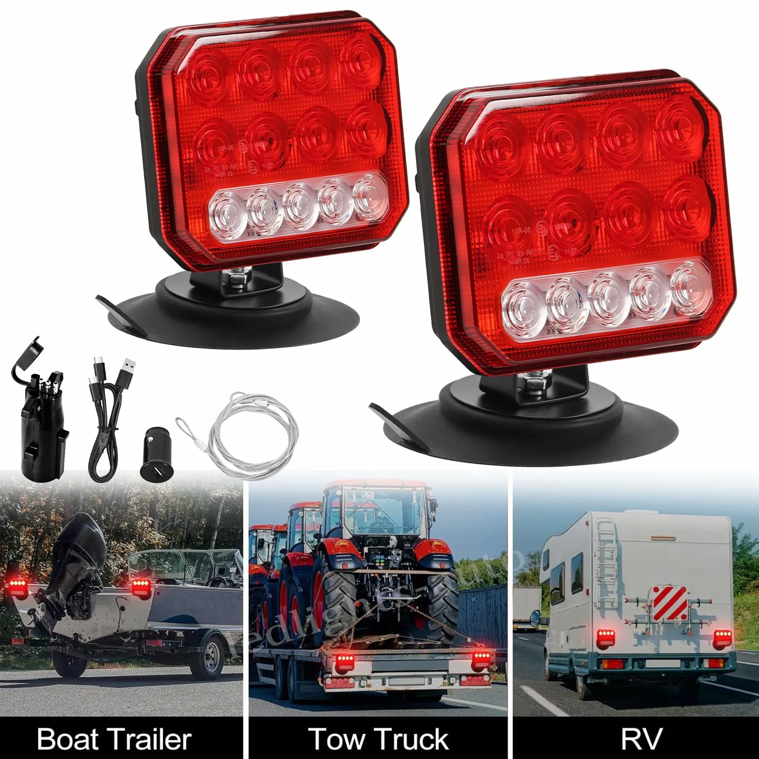 

A Set Magnetic Wireless LED Tow Towing Trailer Rear Tail Lights Warning Flashing Light