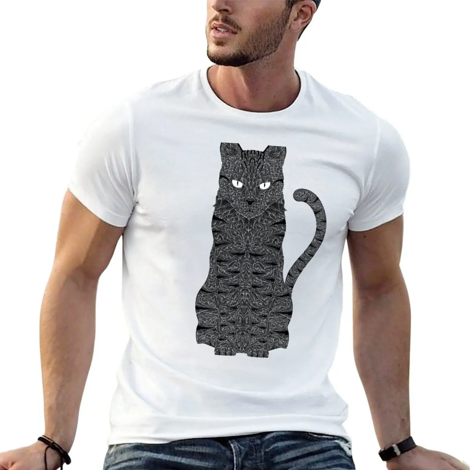 Camiseta Black Cat Solid (Felis Catus) para homem, camiseta engraçada de algodão, camiseta masculina de designer, camiseta com estampa personalizada